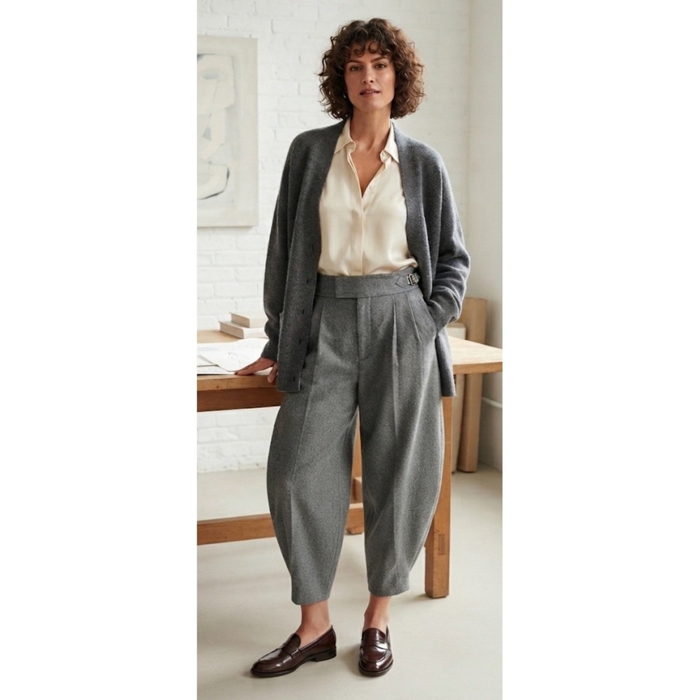 Four Objects The Trouser Pleated Barrel Leg Gray RWS Wool Buckle Womens Sz 4/6